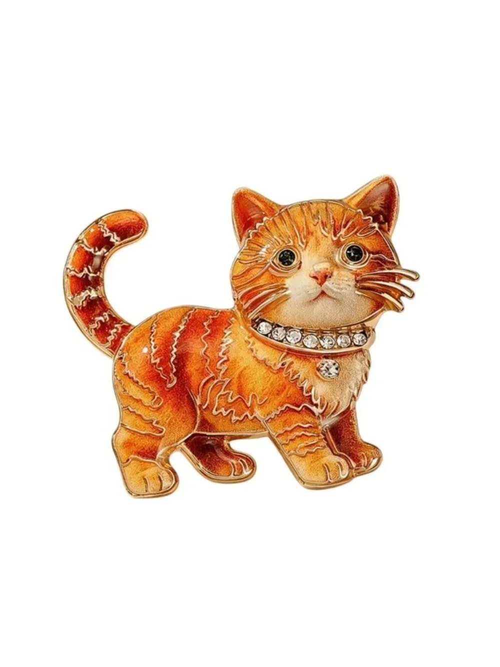 Orange Cat Enamel Brooch Pin With crystal Collar Gold-Tone